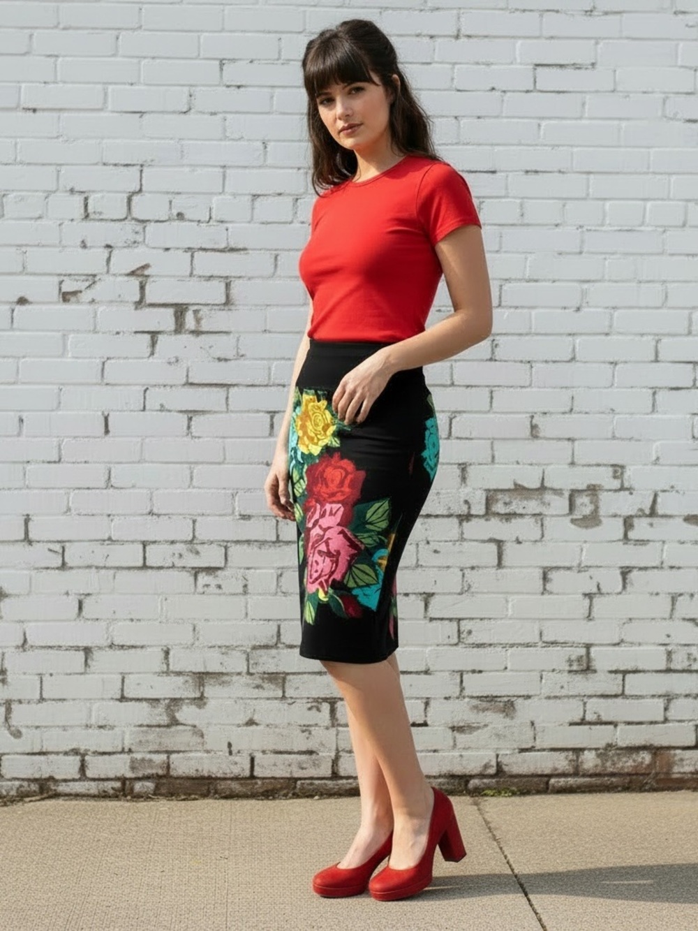 LuLaRoe Floral Black Pencil Skirt with Colorful Roses - Small
